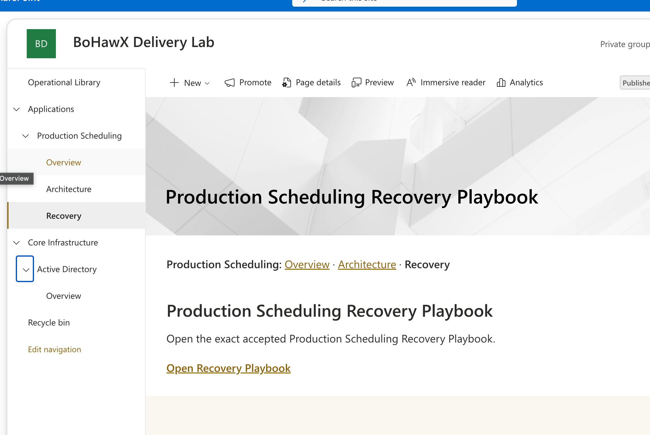 Fictional Harbor Ridge Operational Library showing hierarchical navigation and a Production Scheduling Recovery page